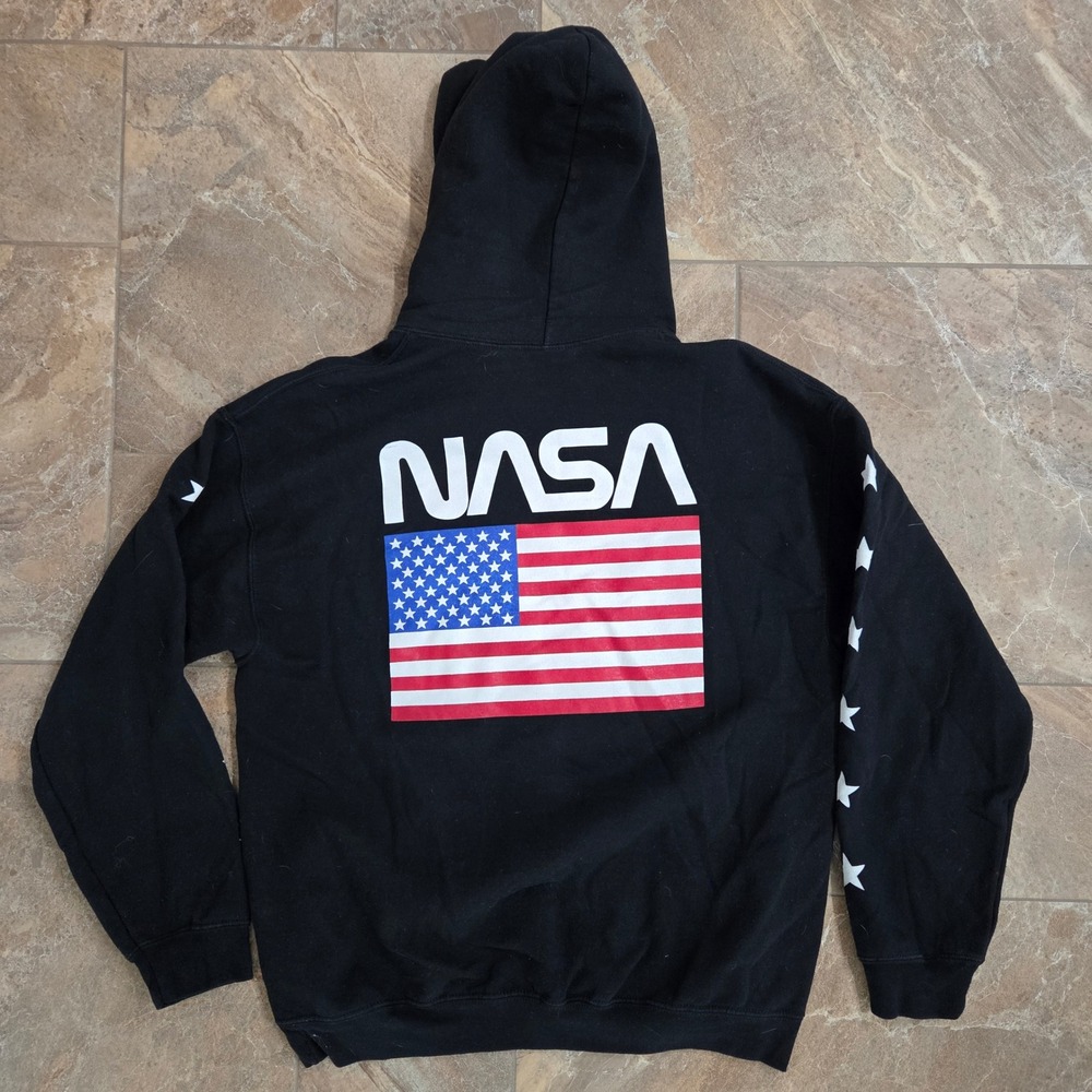 Buzz Aldrin PacSun NASA Hoodie‎ Mens Large Black American Flag Stars Pullover